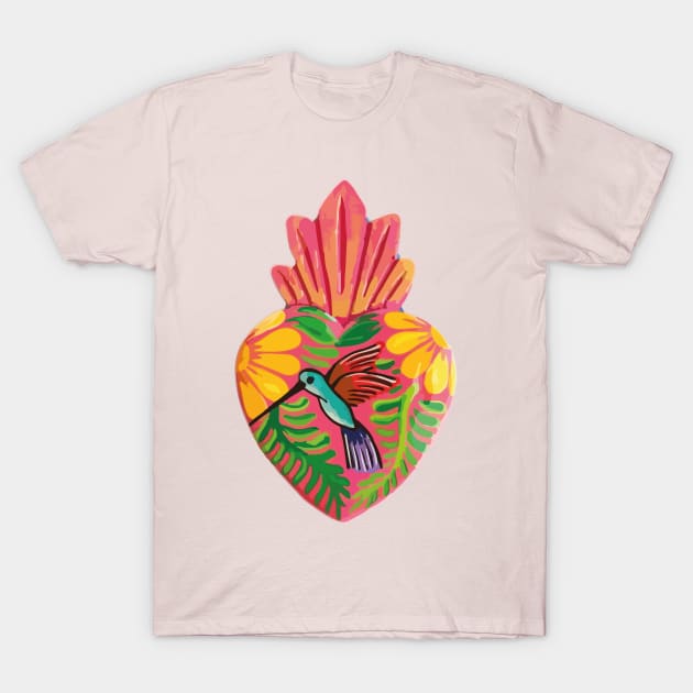 Mexican folk art sacred heart Oaxacan wood carving hand painted flower hummingbird milagrito bold pink decoration T-Shirt by T-Mex